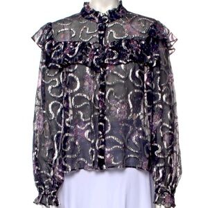 LoveShackFancy Sheer Erica Metallic Bows Floral Ruffle Blouse Top